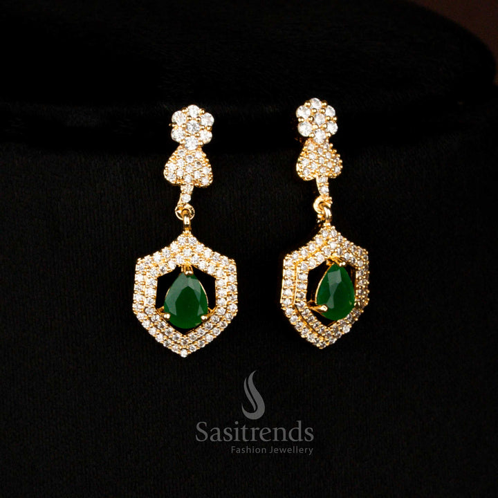 Glam American Diamond gold plated heart and floral green earrings with teardrop pendant ideal for festive occasions and celebration wear – Sasitrends