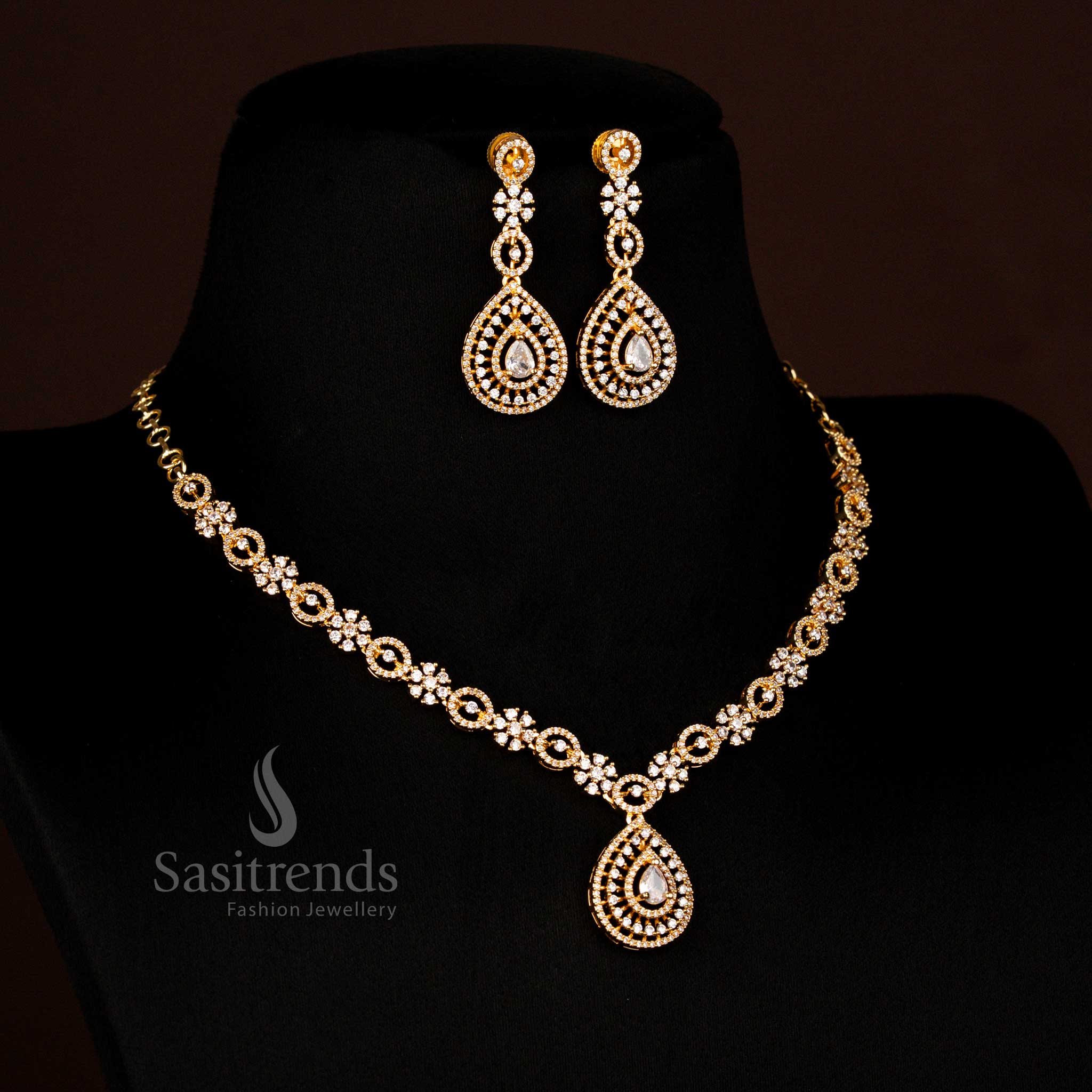 Elegant American Diamond gold plated teardrop short white necklace jewellery set bringing cultural glow and refined party fashion – Sasitrends