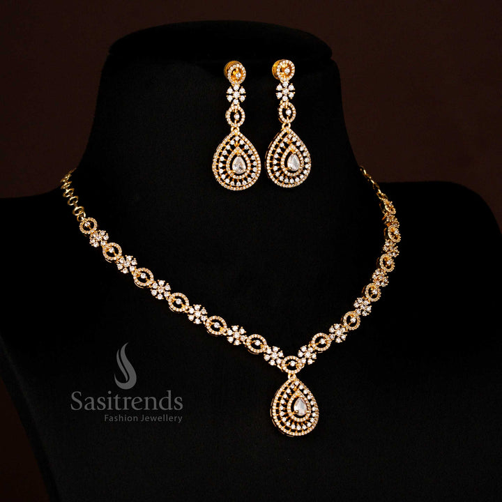 Elegant American Diamond gold plated teardrop short white necklace jewellery set bringing cultural glow and refined party fashion – Sasitrends