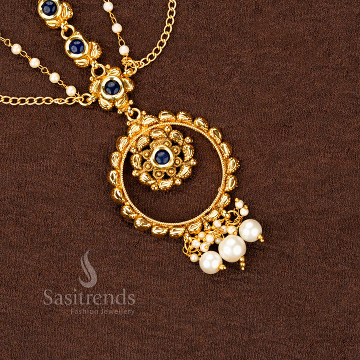 Grand antique gold multi-layer tikka decorated with dazzling blue stones, traditional bridal wear head ornament ideal for saree and temple occasions – Sasitrends