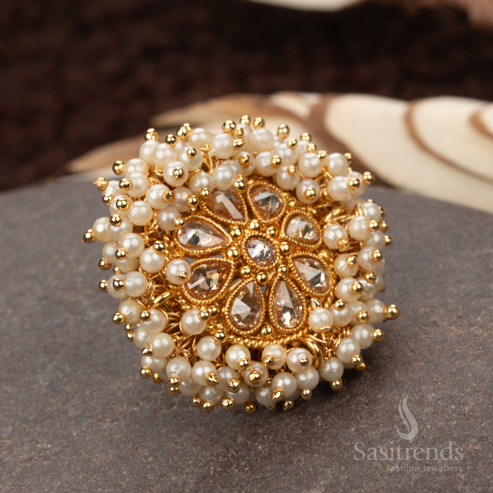 Majestic and ornate antique gold-plated partywear statement ring, featuring a charming white floral pearl cluster for a refined jewellery style - Sasitrends