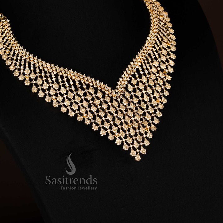 Graceful American Diamond Lotus V-Shape Necklace crafted in gleaming gold plating, reflecting timeless sophistication for festive celebrations – Sasitrends