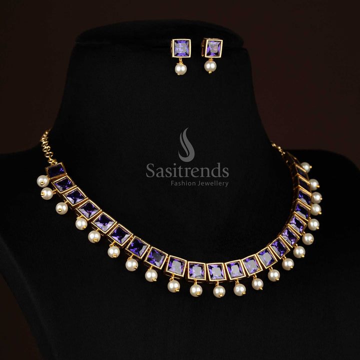 Royal purple magnificence-themed AD square stone necklace jewellery set with striking big-styled charm and pearl hangings for bridal wear, parties and traditional gatherings – Sasitrends