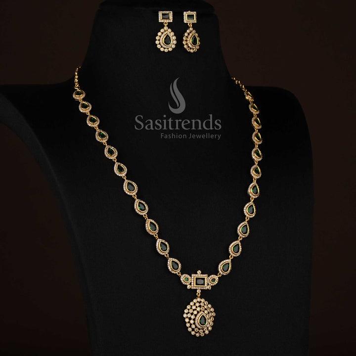 Refined green American Diamond teardrop rectangle motif matte gold plated long necklace for stylish gatherings - Sasitrends