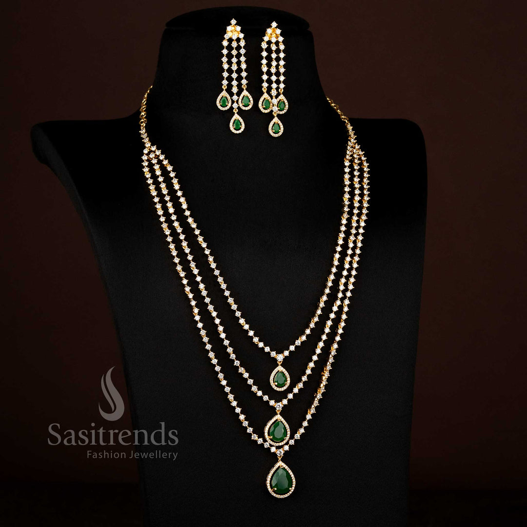 Exquisite white-green American diamond three-tier teardrop stone necklace jewellery set with micro gold finish exuding classic charm – Sasitrends