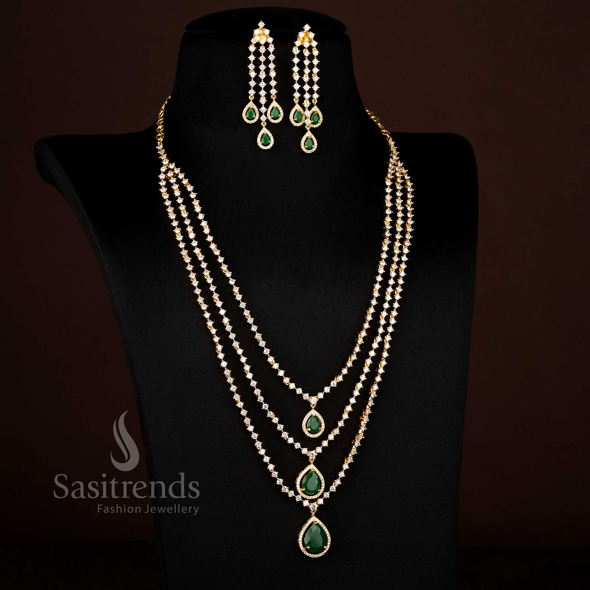 Exquisite white-green American diamond three-tier teardrop stone necklace jewellery set with micro gold finish exuding classic charm – Sasitrends