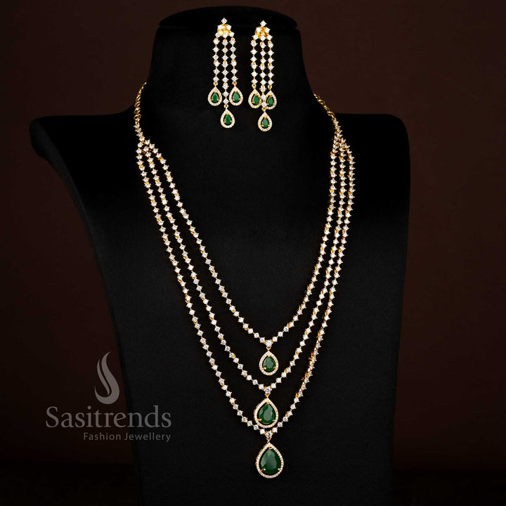 Guaranteed American Diamond Micro Gold Plated Three Layer Teardrop Stone Long Necklace Jewellery Set for Festive Wear