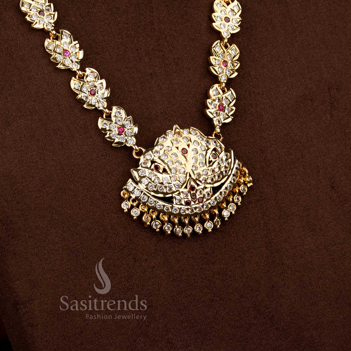 Exquisite traditional impon addigai micro gold plated long haram necklace with leaf lotus motifs white ruby colour for bridal ceremonial wear - Sasitrends