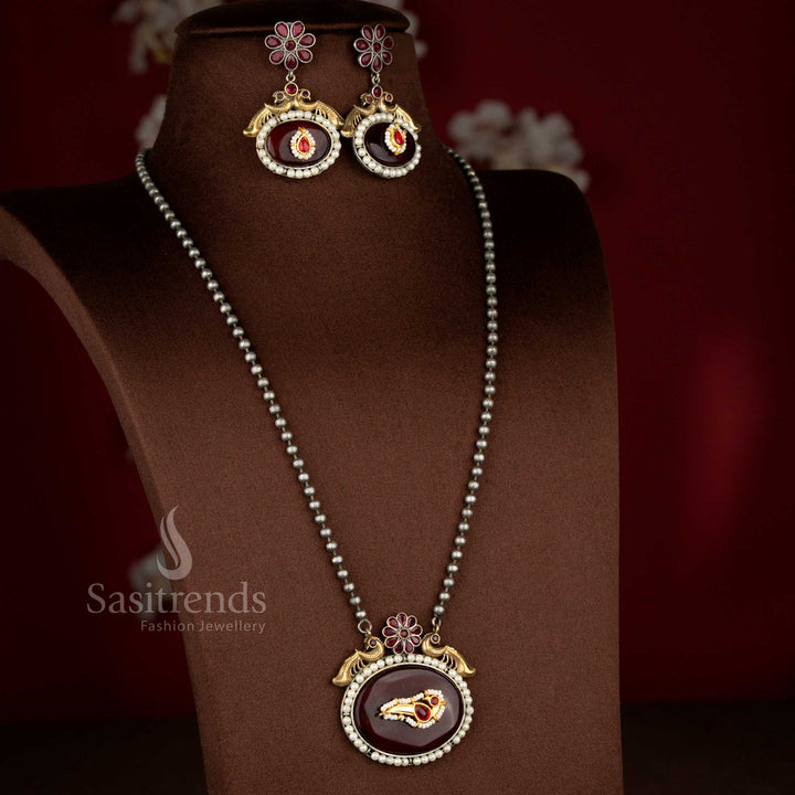 Classic maroon antique oxidised 92.5 silver plated peacock oval stone pendant long necklace set – Sasitrends