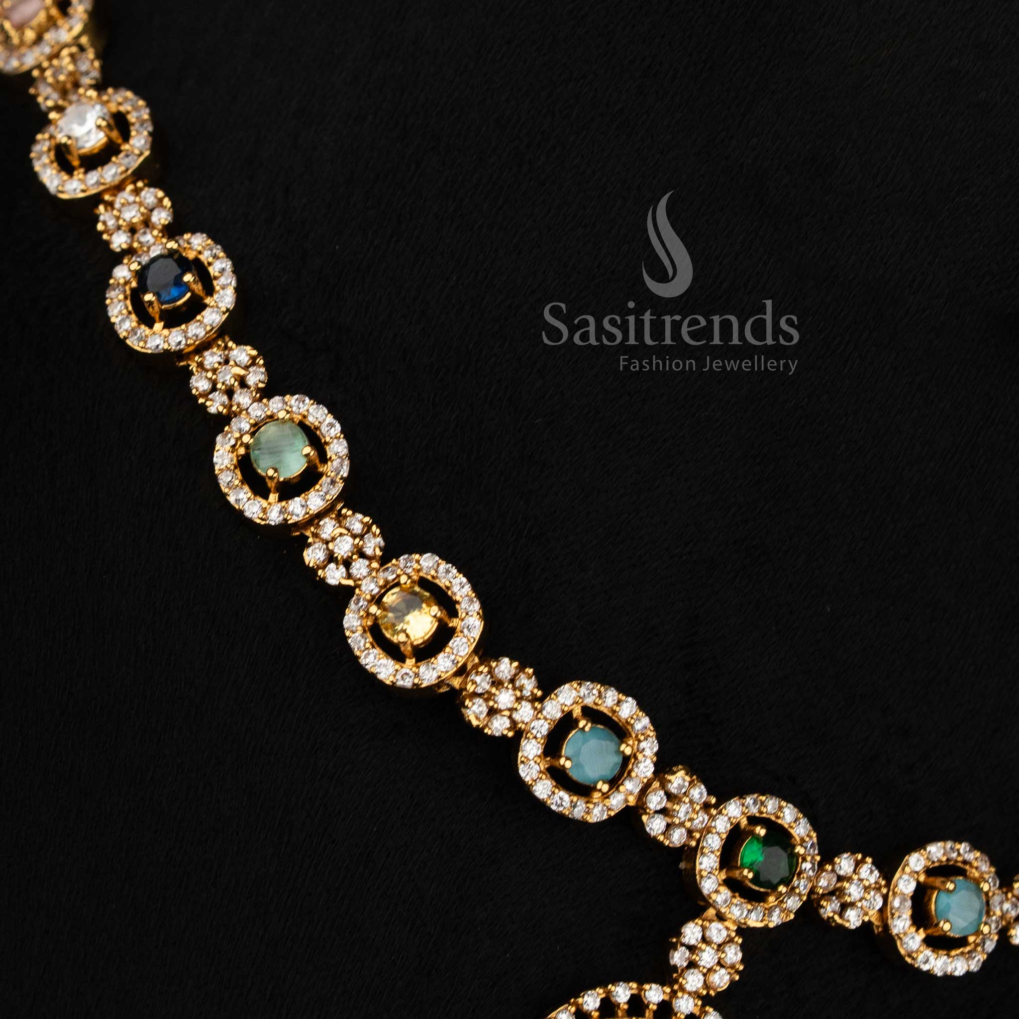 Splendid matte gold plated AD multi-accent round stone necklace set showcasing opulent design flourishes that elevate grand traditional soirées with radiant charm – Sasitrends