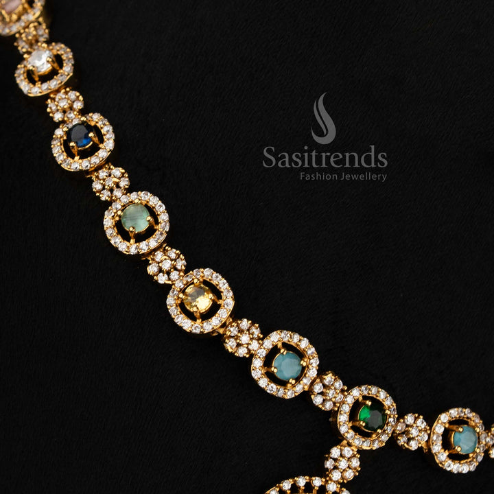 Splendid matte gold plated AD multi-accent round stone necklace set showcasing opulent design flourishes that elevate grand traditional soirées with radiant charm – Sasitrends