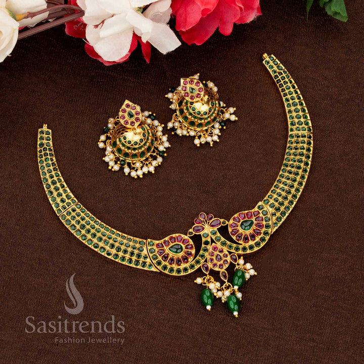 Beautiful Matte Gold Plated Floral Design AD Necklace with sparkling green and ruby gems, adding radiant festive evening elegance — Sasitrends