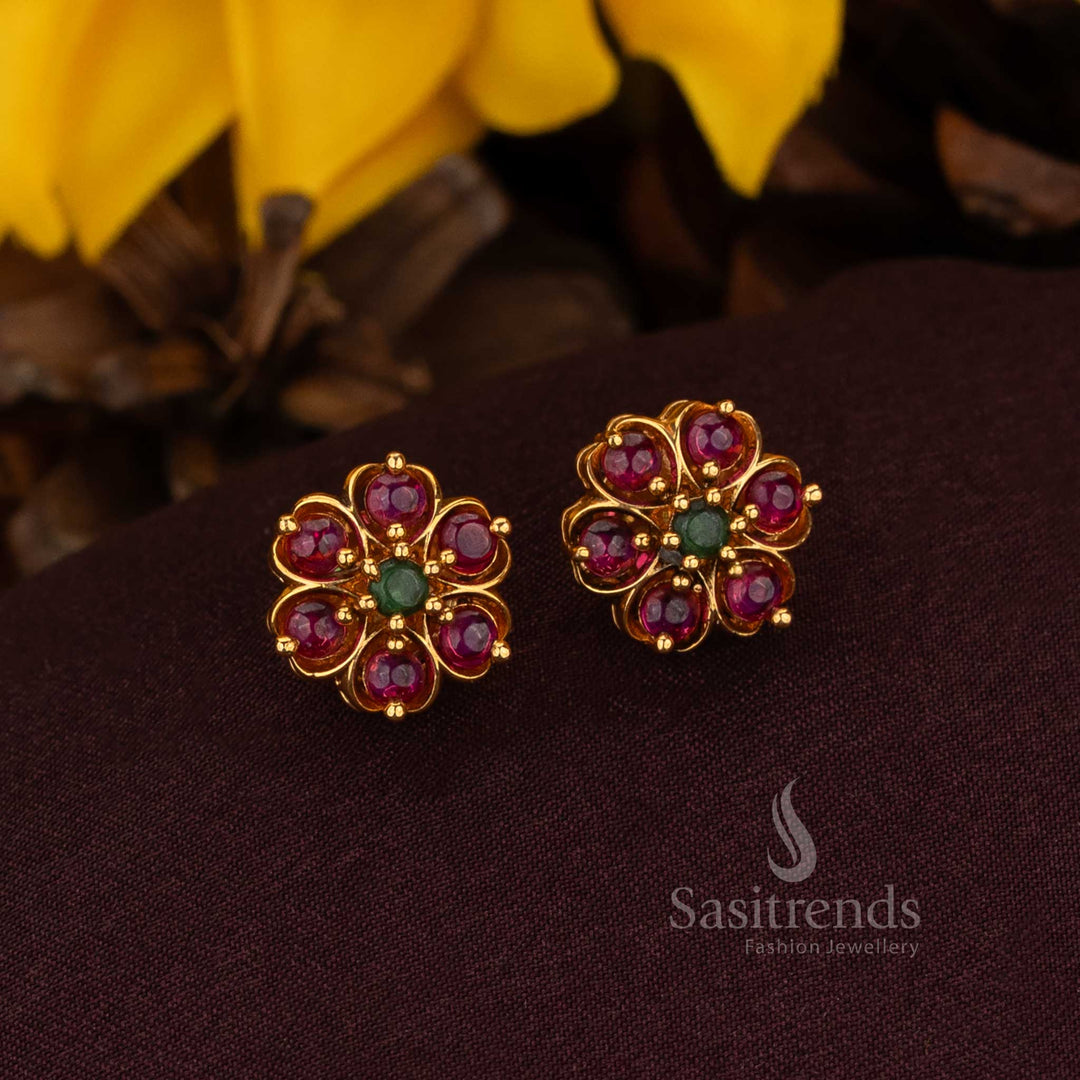 Resplendent six petal floral earrings designed with celestial matte gold finish and heritage detailing perfect for sovereign brides aristocratic events and timeless jewellery – Sasitrends
