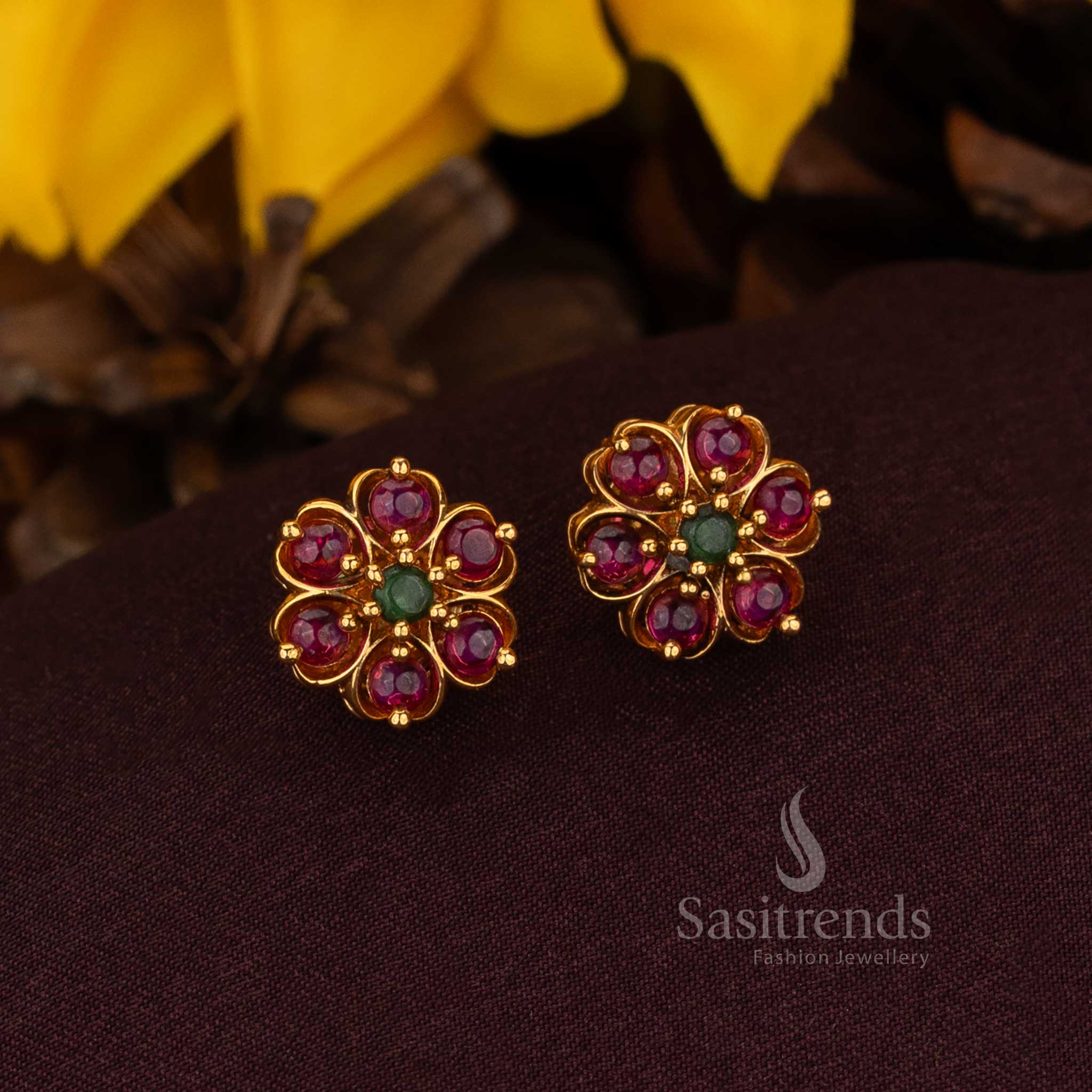 Resplendent six petal floral earrings designed with celestial matte gold finish and heritage detailing perfect for sovereign brides aristocratic events and timeless jewellery – Sasitrends