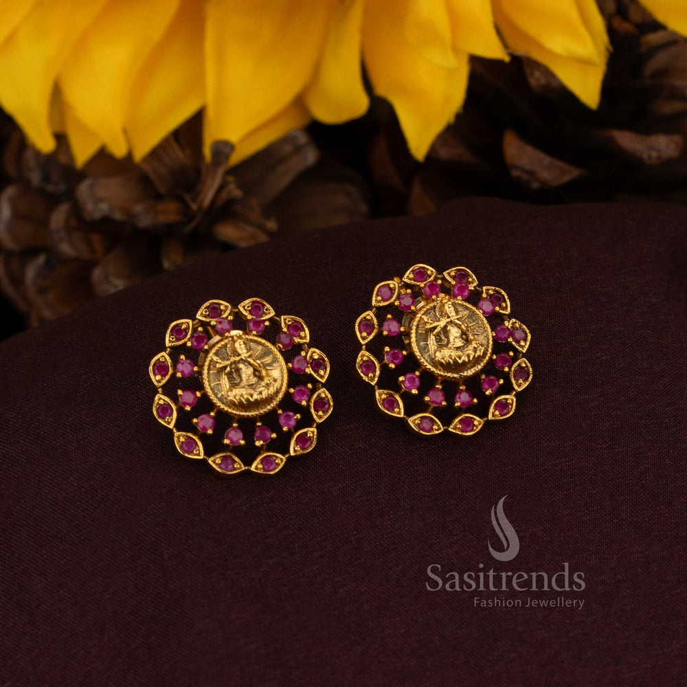 Illustrious ruby Krishna motif circular floral earrings with ornamental detailing and divine matte gold brilliance crafted for heritage grandeur and sovereign jewellery traditions – Sasitrends