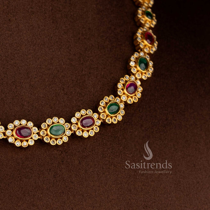 Radiant matte gold plated ruby-green oval floral AD necklace for party sarees, festive kurtis, and celebration-ready styling – Sasitrends