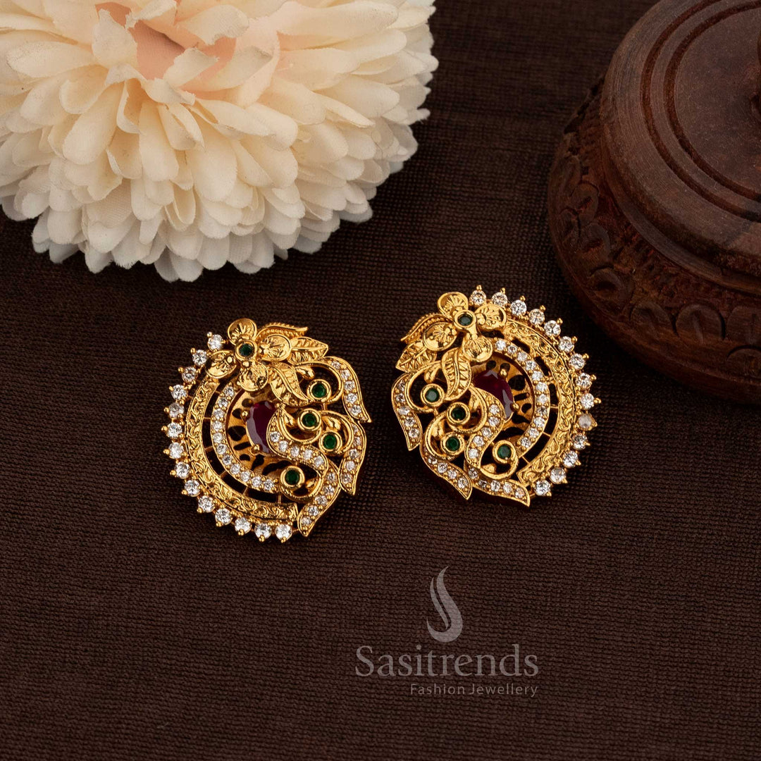 Matte Gold Plated Temple Stud Earrings Featuring Sparkling American Diamond Stones And Intricate Floral Vine Motifs, Exuding A Luxurious Charm For Bridal And Festive Wear – Sasitrends