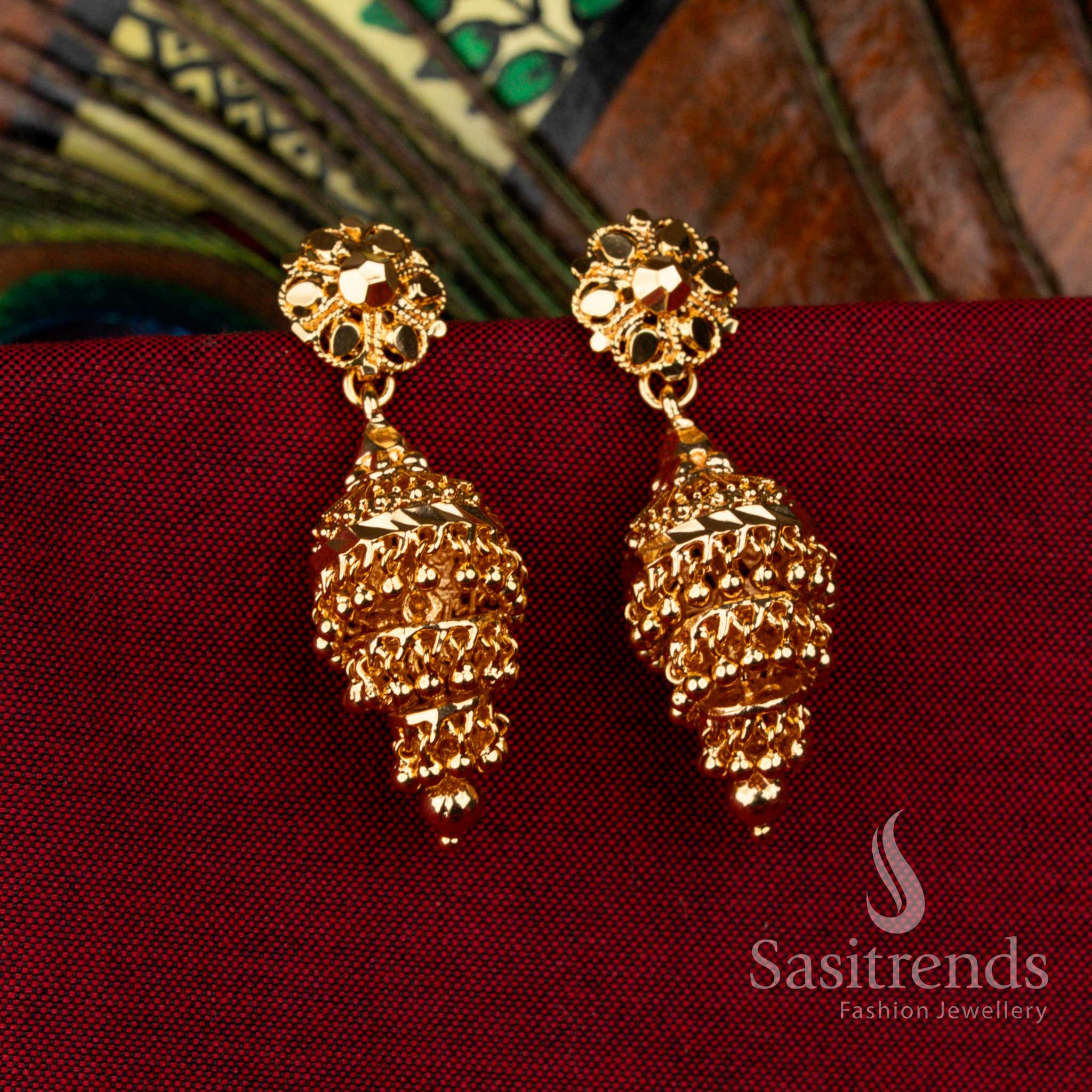 Premium Micro Gold Plated 3 Step Jhumka Earrings with Temple Inspired Detailing, Ideal for Festive Wear – Sasitrends