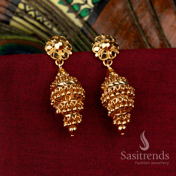 Premium Micro Gold Plated 3 Step Jhumka Earrings with Temple Inspired Detailing, Ideal for Festive Wear – Sasitrends