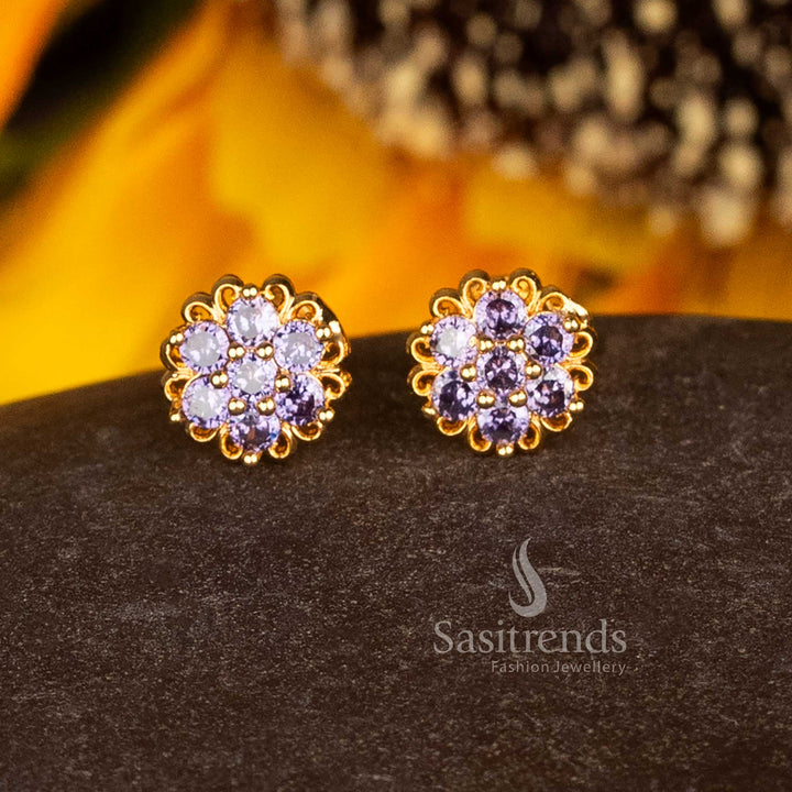 Exquisite Micro Gold Plated AD Floral Cluster Stud Earrings with Filigree Edge in Lavender, Perfect for Party and Festive Jewellery Wear – Sasitrends