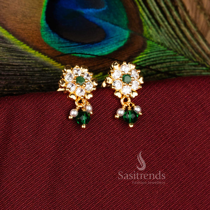 Ethereal Micro Gold Plated AD Starburst Rosette Floral Dangle Earrings in White-Green, Ideal for Wedding Occasion Jewellery – Sasitrends