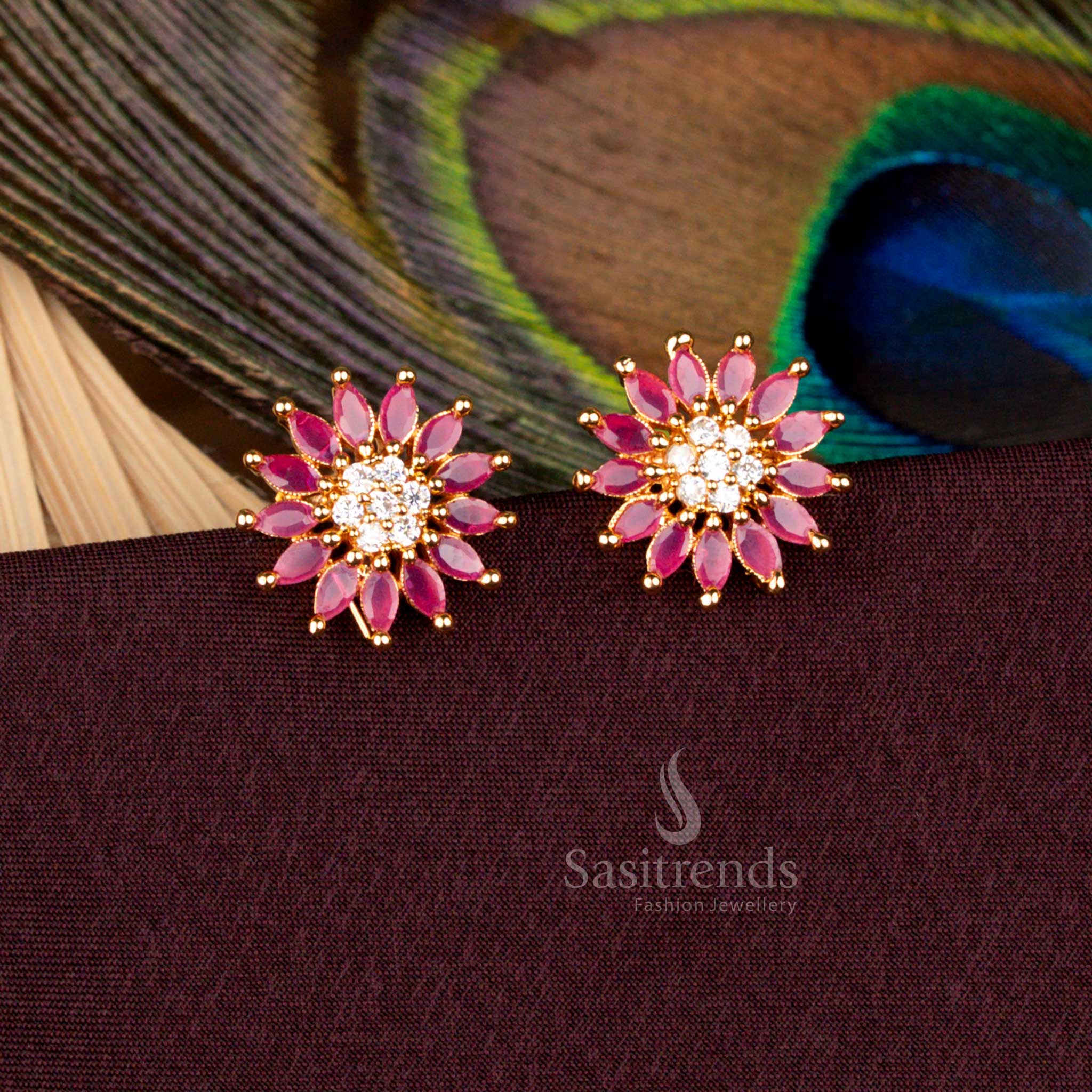 Splendid ruby-white floral AD stud earrings crafted with micro gold artistry in a 24 carat gold look, styled for cultural celebrations, festive gatherings, and heritage wedding jewellery - Sasitrends