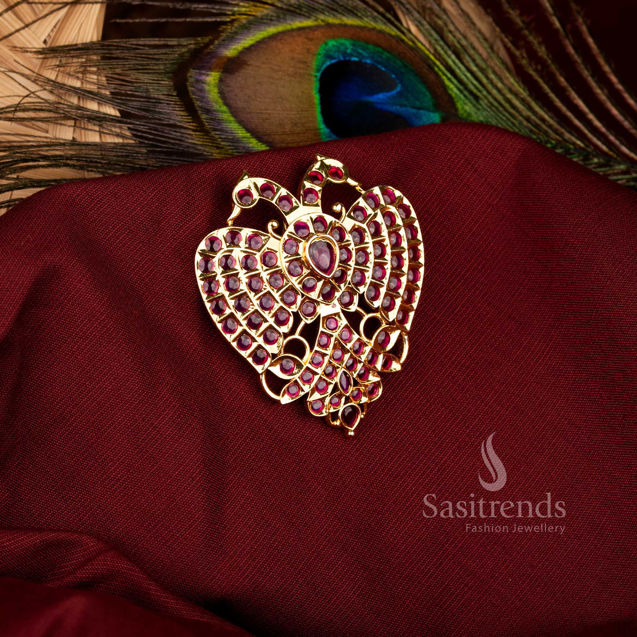 Opulent Micro Gold Plated Gandaberunda Pendant with Peacock and Heart Motif Ruby Kemp Stones, Ideal for Festive Cultural Jewellery – Sasitrends