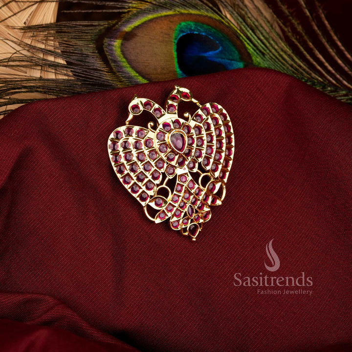 Opulent Micro Gold Plated Gandaberunda Pendant with Peacock and Heart Motif Ruby Kemp Stones, Ideal for Festive Cultural Jewellery – Sasitrends