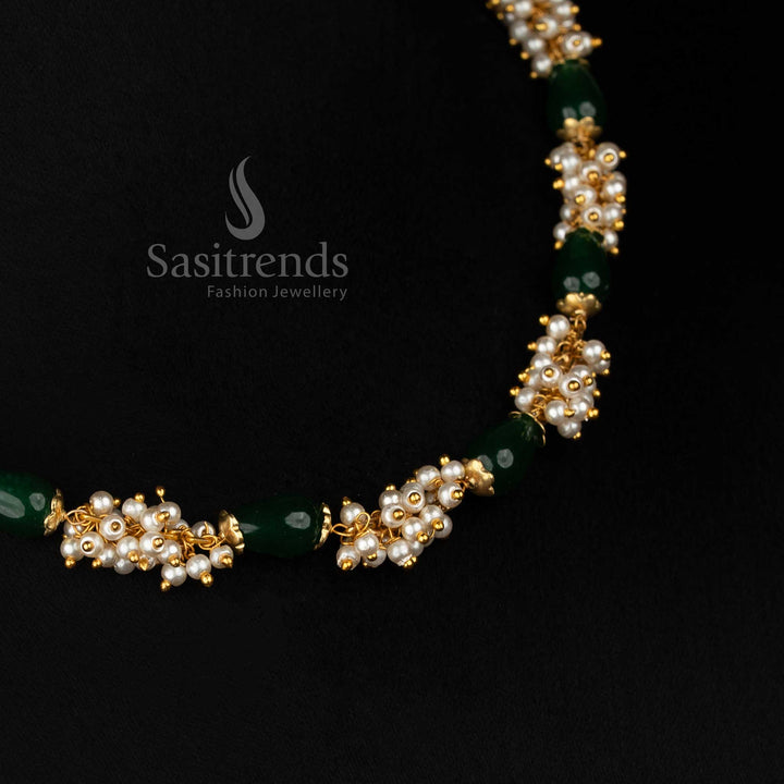 Sacred micro gold plated green beads pearl cluster mala necklace preferred for temple wear and spiritual moments-Sasitrends