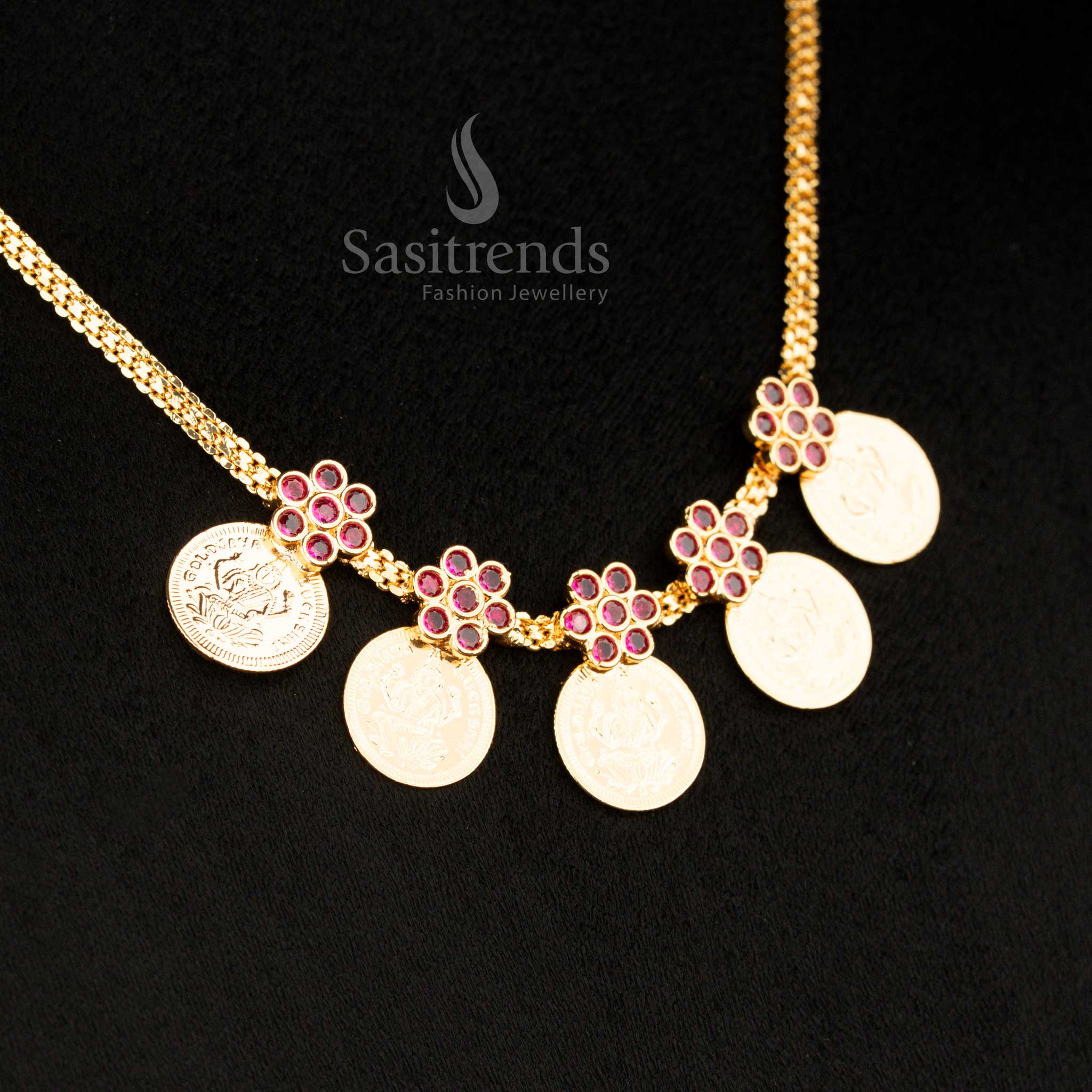Traditional micro gold plated Lakshmi coin necklace styled for Kerala ceremonial wear and festive grandeur - Sasitrends