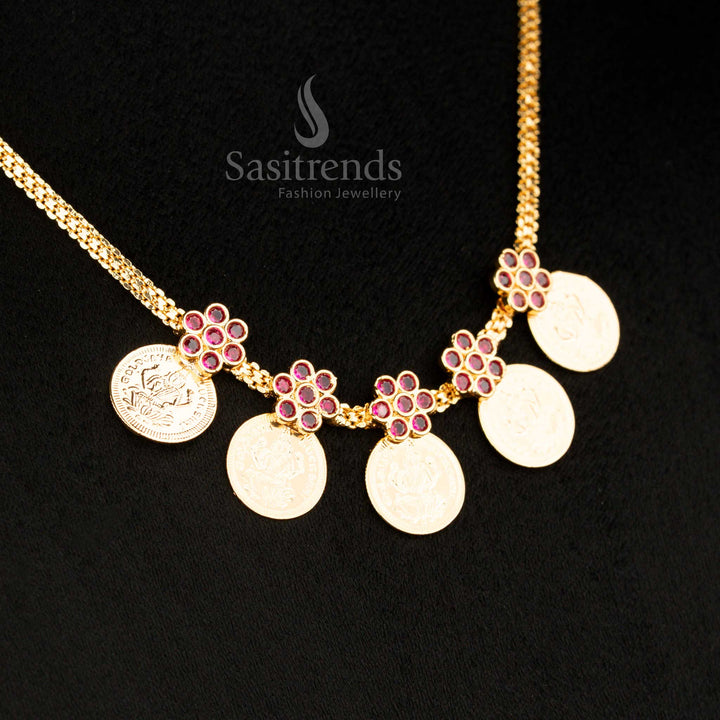 Traditional micro gold plated Lakshmi coin necklace styled for Kerala ceremonial wear and festive grandeur - Sasitrends