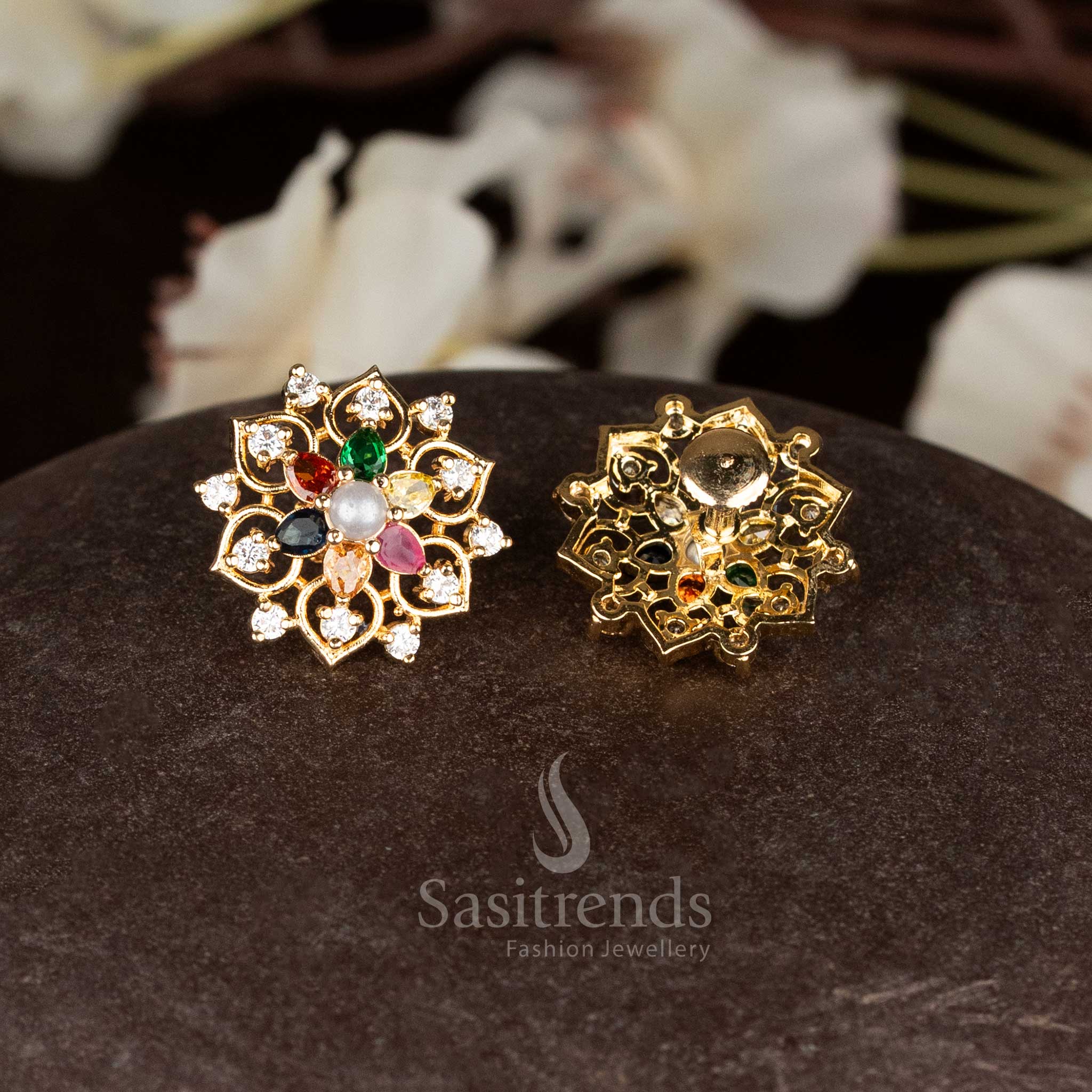 Stylish micro gold plated navarathnam teardrop floral stone stud earrings bringing colourful festive aura and cultural elegance - Sasitrends