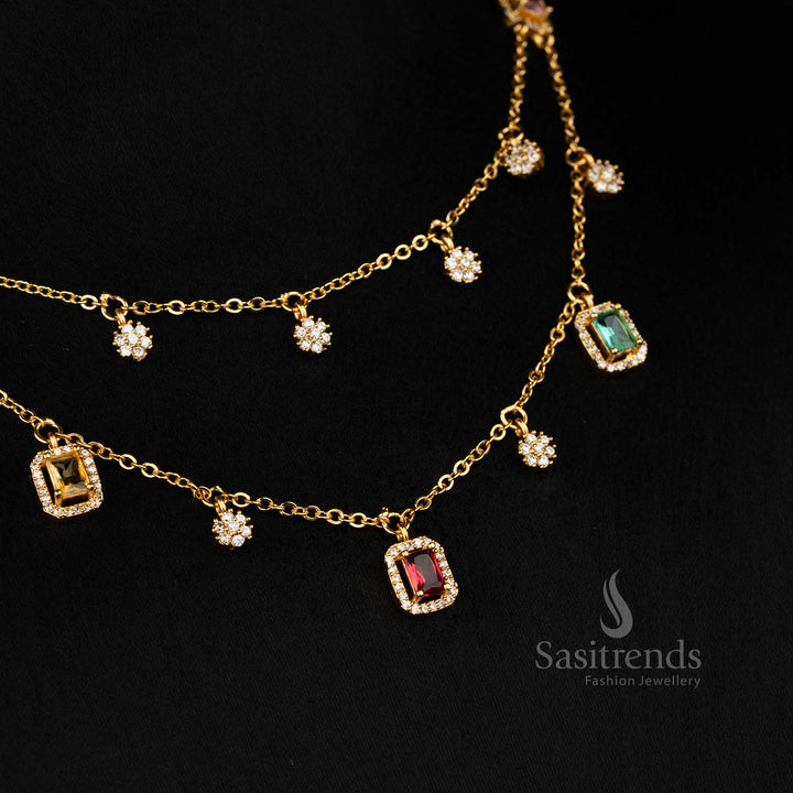 Elegant multi American diamond invisible matte gold plated floral double layer necklace set with rectangular stone design, ideal jewellery for festive occasions - Sasitrends