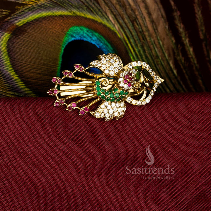 Opulent Multi-Color Peacock Saree Pin featuring American Diamond Feather Motif with Mahendi Finish, Perfect for Festival and Bridal Jewellery – Sasitrends