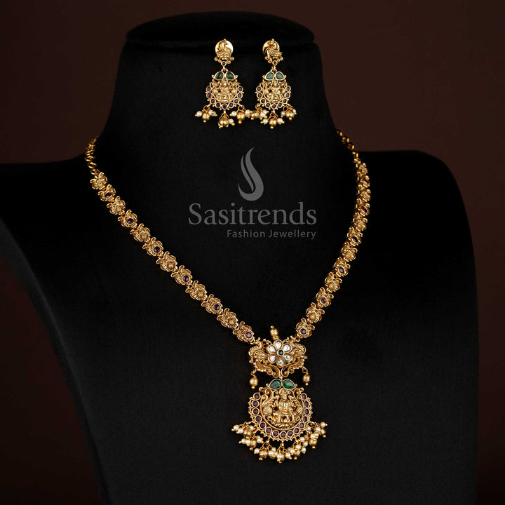 Opulent Multi Color Matte Gold Plated AD Peacock Floral Necklace Featuring Lakshmi Pendant, A Statement Piece for Traditional Festive Occasions – Sasitrends