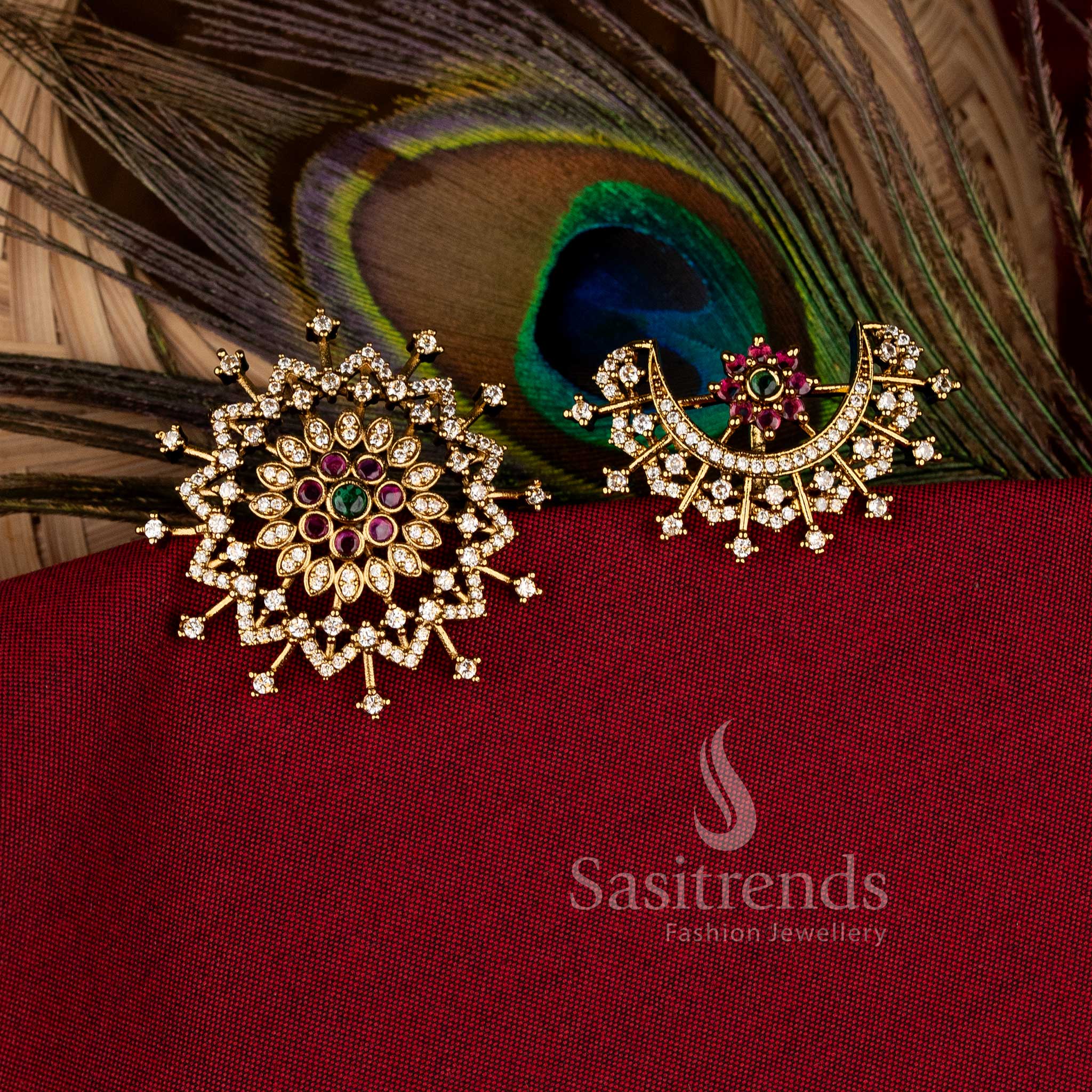 Opulent multi matte gold plated temple floral starburst jadai billai hair accessories, crafted for cultural ceremonies and elegant festive occasions, radiating divine charm by Sasitrends