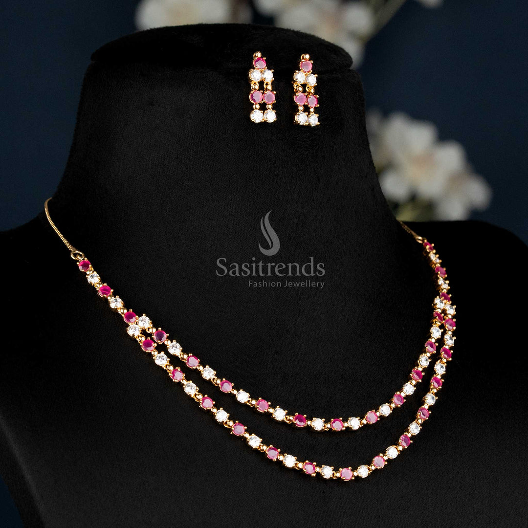 Guaranteed One Gram Gold Micro Plated Two Layer American Diamond Necklace Set Featuring White-Ruby Stone Accents, Designed For Bridal Luxury Style And Opulent Traditional Wear – Sasitrends