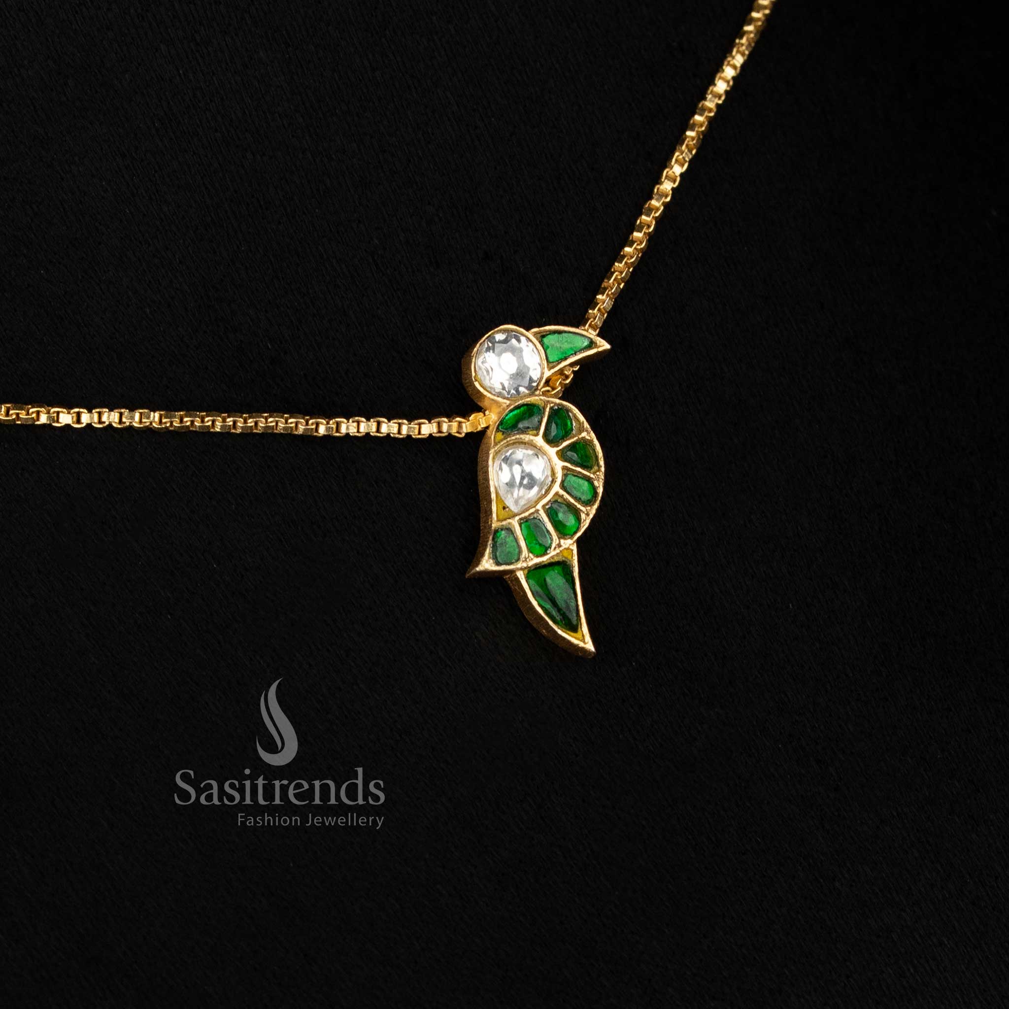 Exquisite Parrot Charm Jadau 24K gold plated necklace adorned with detailed motifs, designed for Haldi, Mehendi, and festive party saree styling – Sasitrends