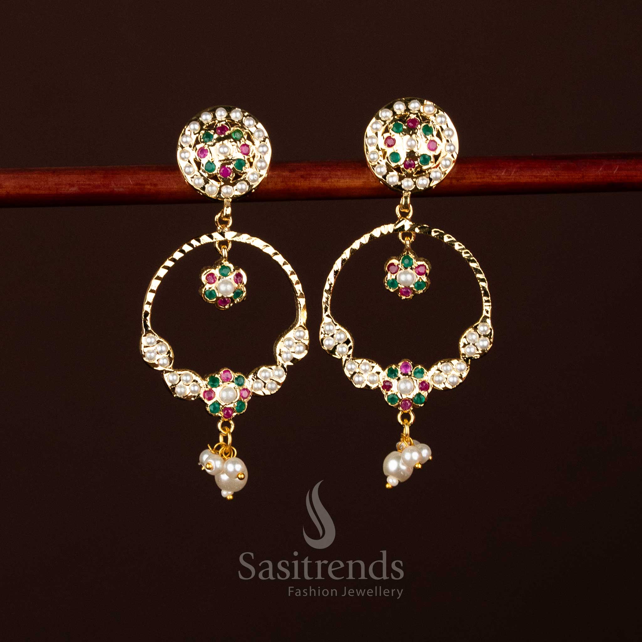 Opulent pearl ruby green micro gold plated Jadau floral crescent hoop dangler earrings with pearl drops for grand occasions – Sasitrends