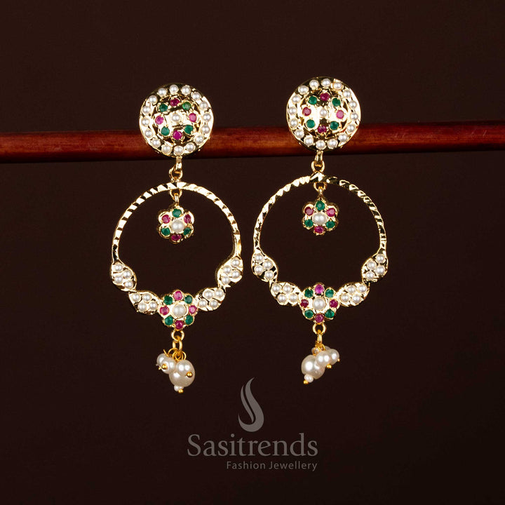 Opulent pearl ruby green micro gold plated Jadau floral crescent hoop dangler earrings with pearl drops for grand occasions – Sasitrends
