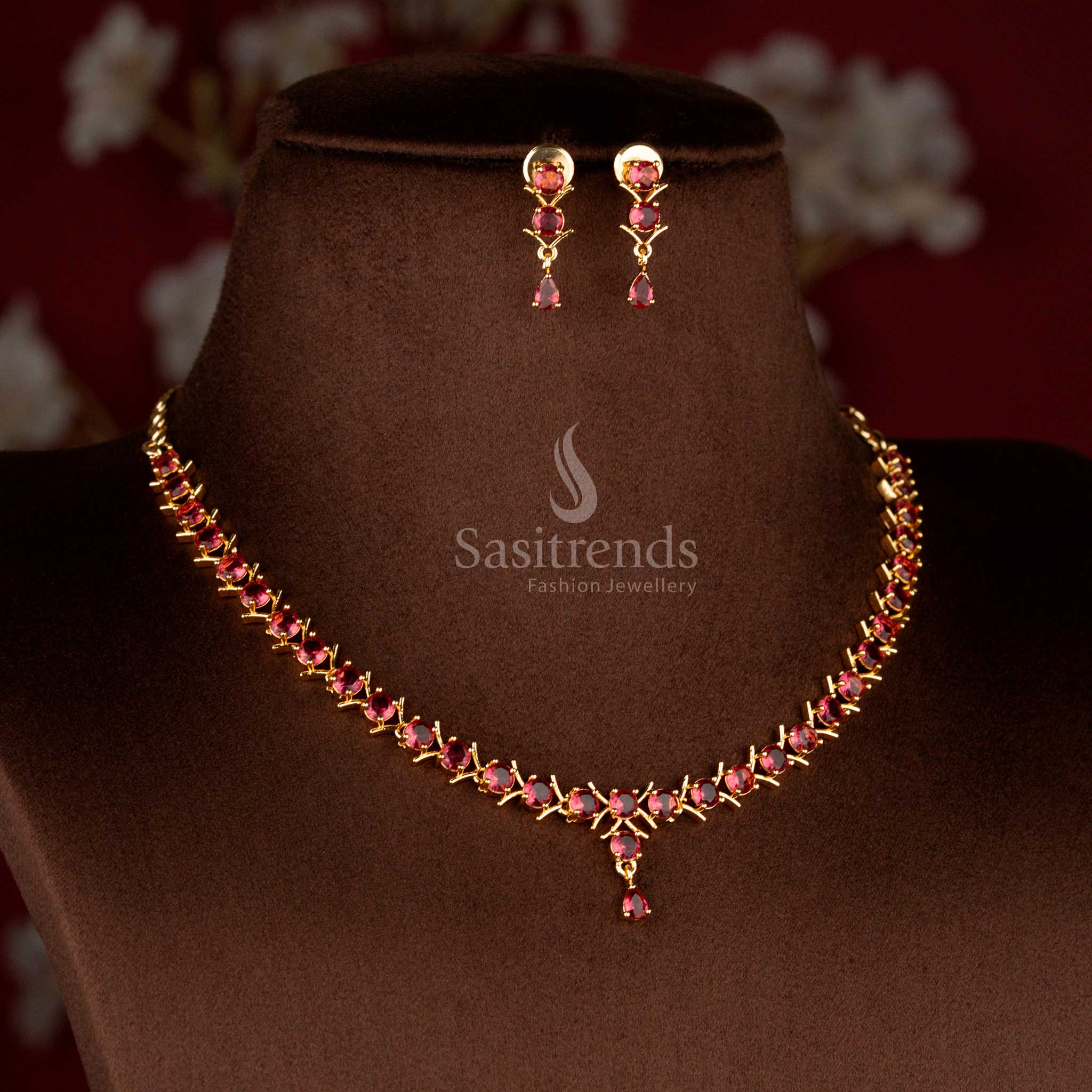 Opulent pink micro gold plated American diamond V-cut round stone necklace set ideal for evening celebrations and designer ethnic outfits – Sasitrends