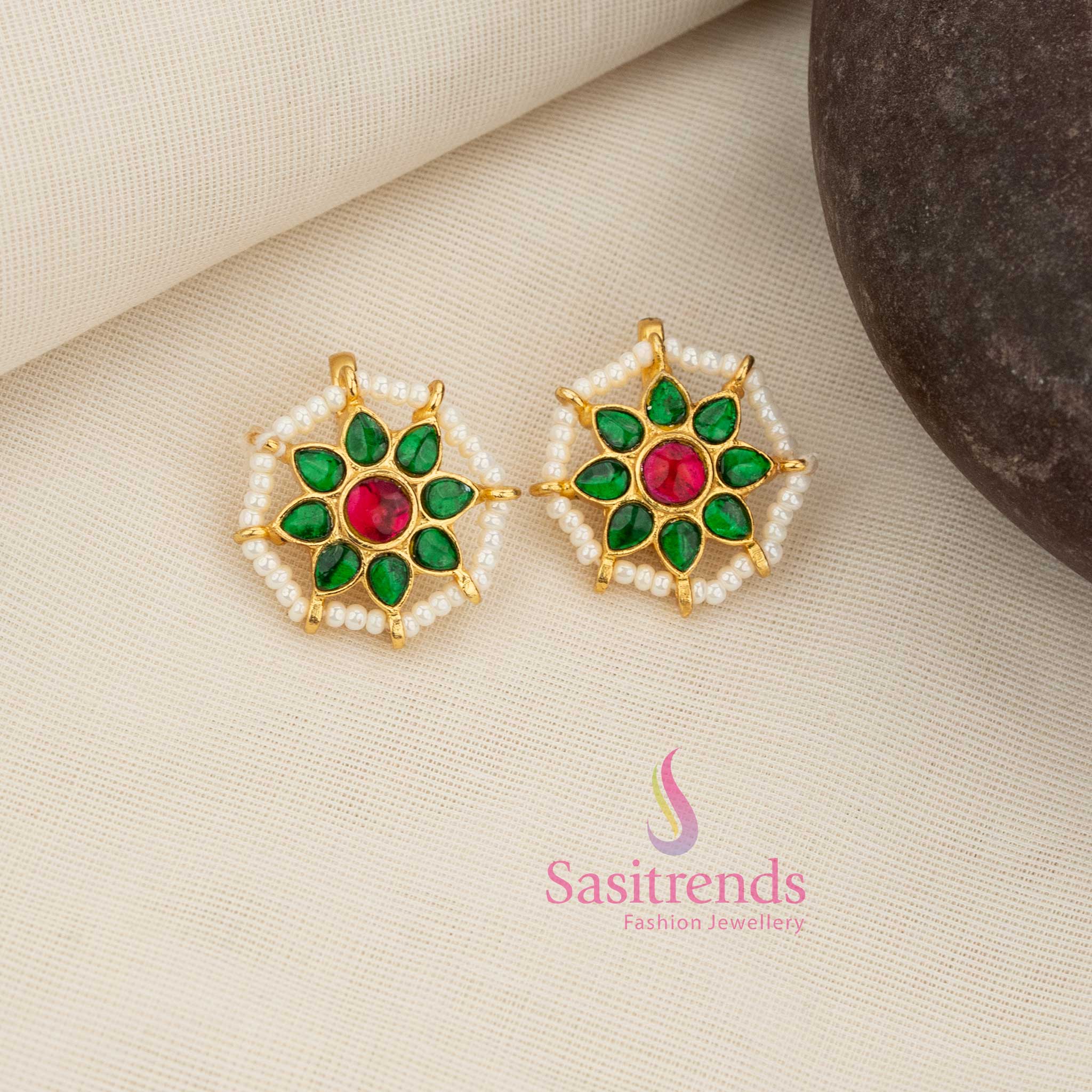 Vibrant ruby-green 24K Jadau Kundan floral sunburst bugadi earcuff with pearl fringe ideal for grand ceremonial and festive South Indian jewellery – Sasitrends