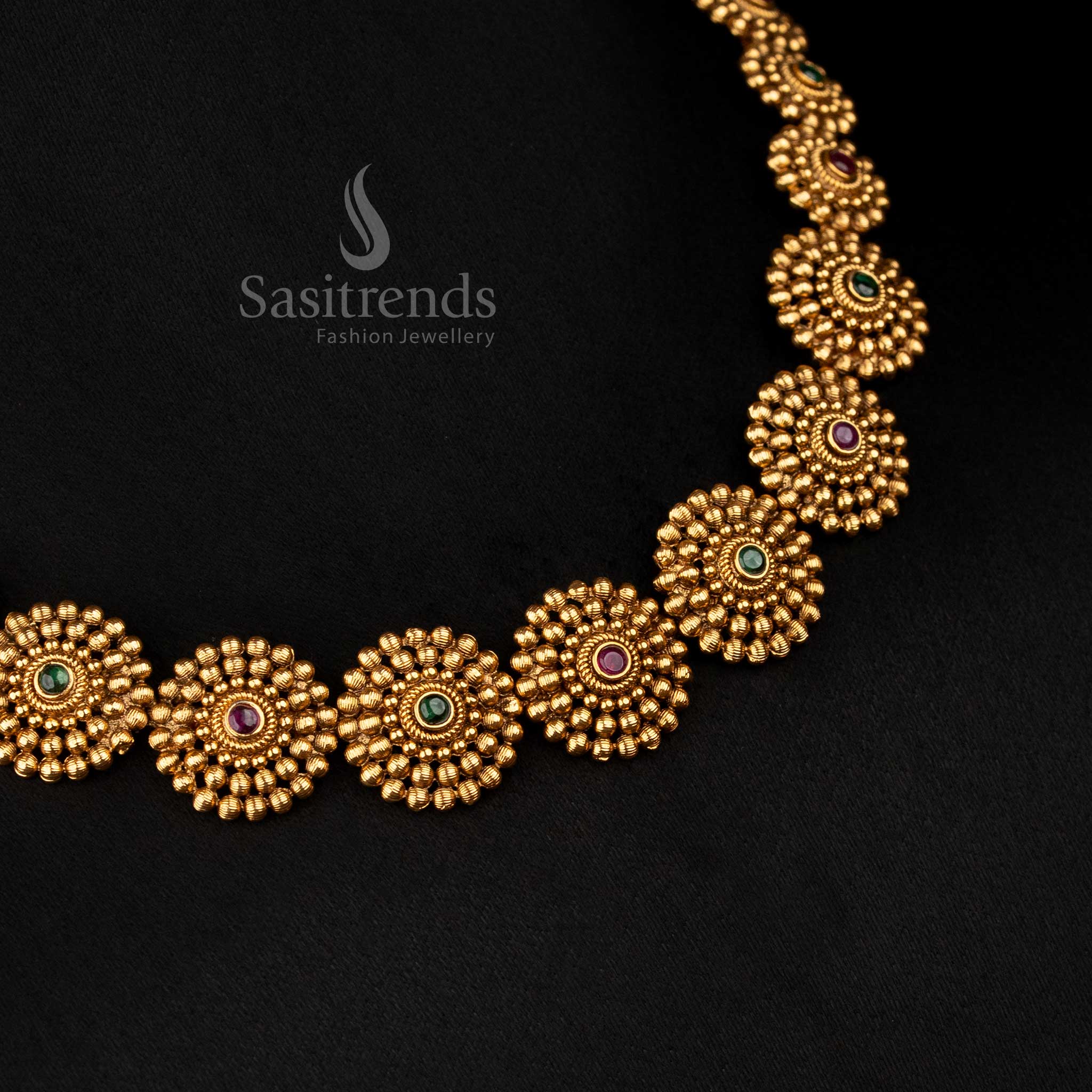 Exquisite ruby-green matte gold plated temple round floral necklace with AD stones, perfect to wear for festive celebrations and cultural events – Sasitrends