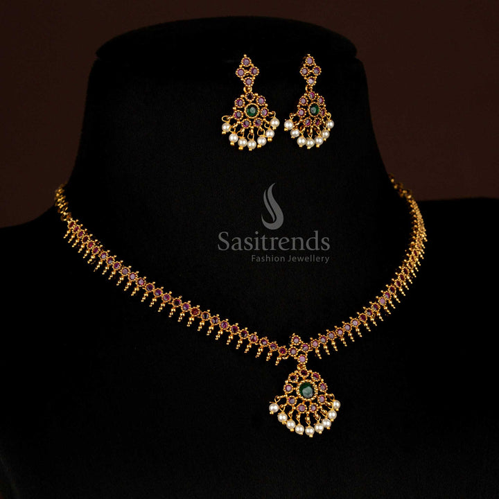 Temple matte gold AD stone necklace adorned with dual-tone ruby and green gemstones in circular floral design, ideal for festive and bridal wear – Sasitrends