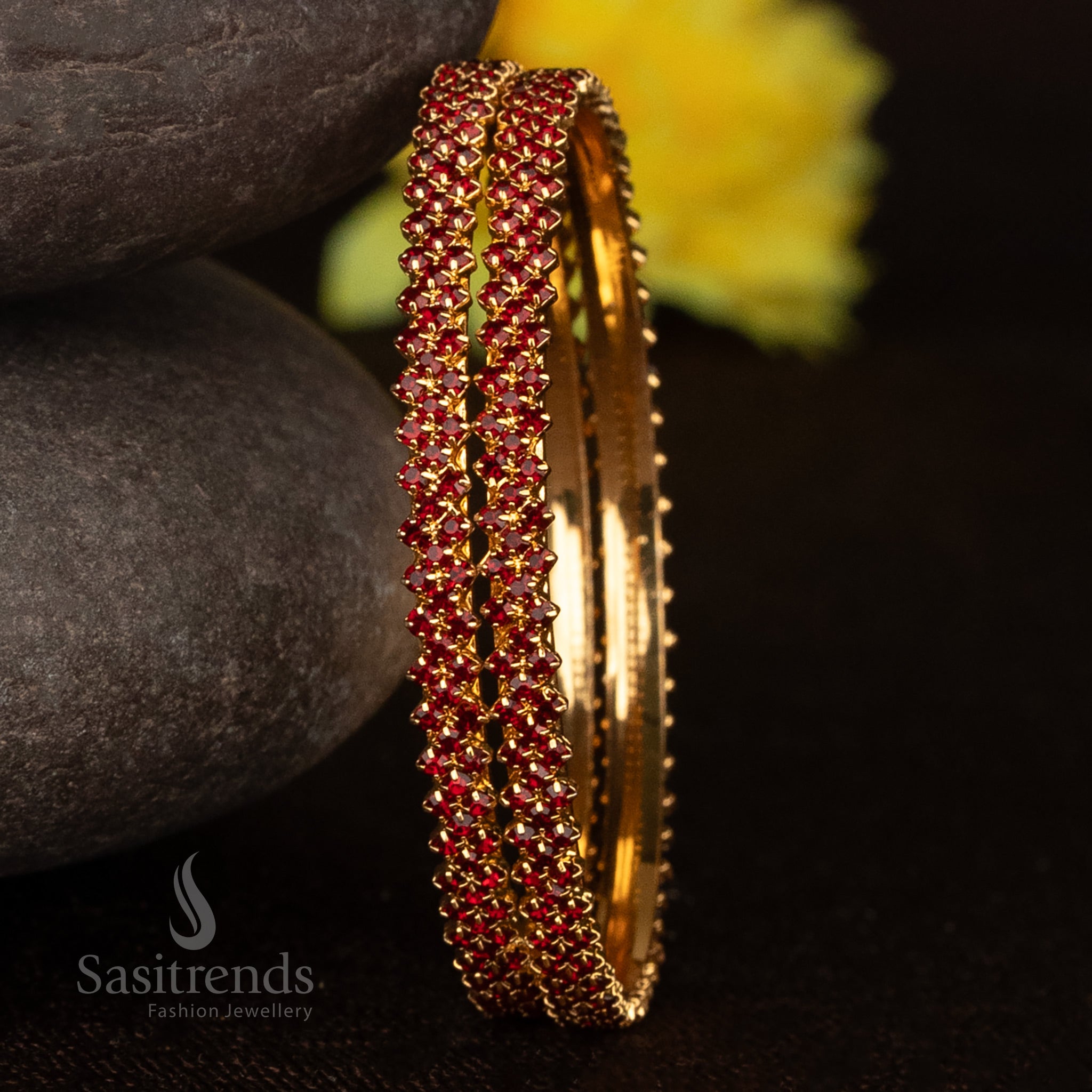Elegant micro gold plated bangles with Maroon red stones and carved temple-style motifs festive wear jewellery set for women - Sasitrends
