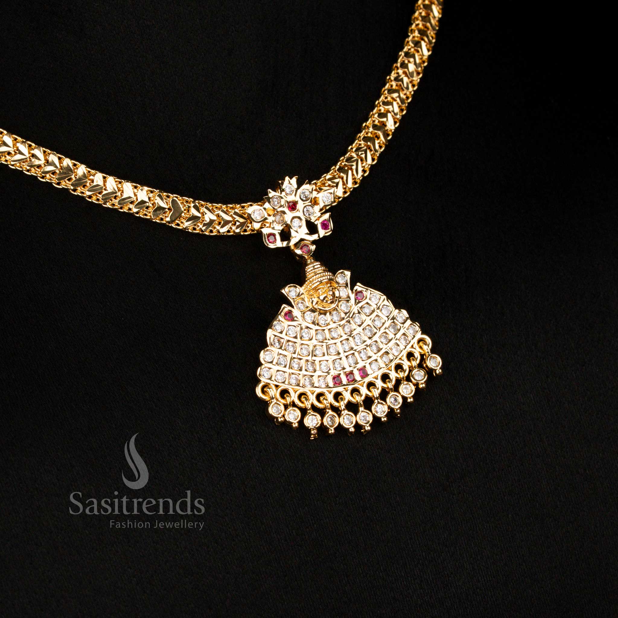 Lavish Handcrafted Impon Addigai Micro Gold Plated White-Ruby God Motif Floral Dome Pendant Necklace With Bead Drops Made For Festive And Bridal Collections - Sasitrends