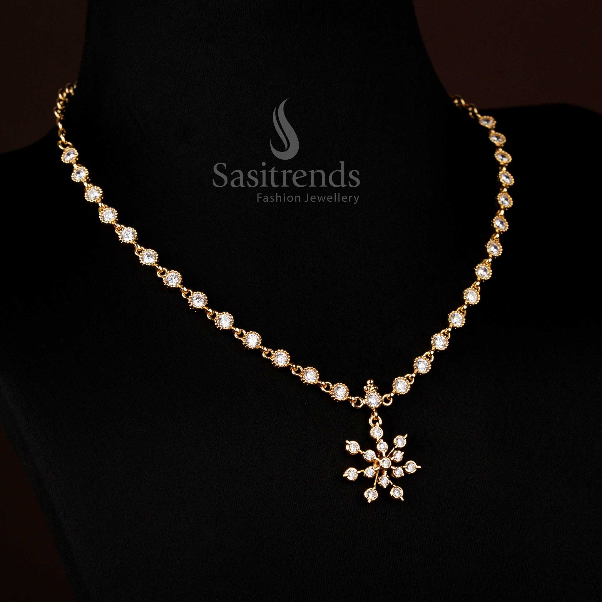 Exquisite white Guaranteed Impon Addigai Micro Gold Plated Necklace featuring radiant round and floral AD stones, perfect for festive functions, wedding events, and glamorous celebrations – Sasitrends