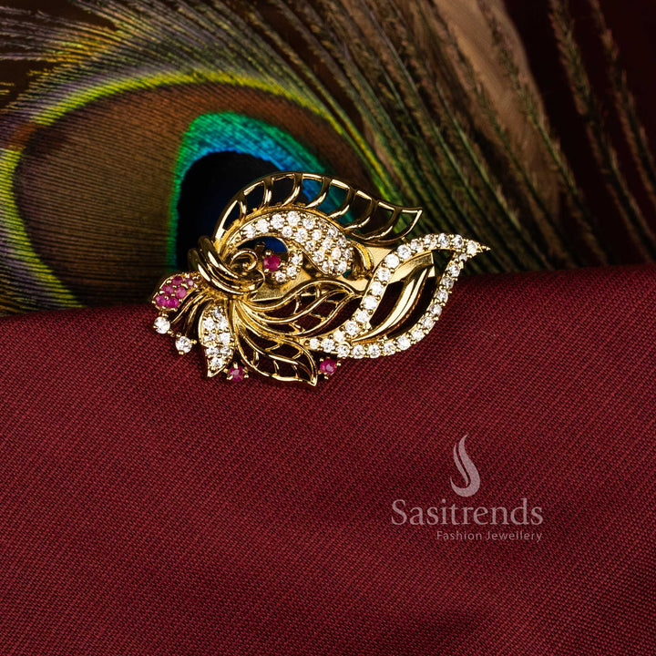 Luminous White-Ruby American Diamond Peacock Foliate Scroll Saree Pin with Mahendi Finish, Perfect for Festival and Bridal Occasions – Sasitrends