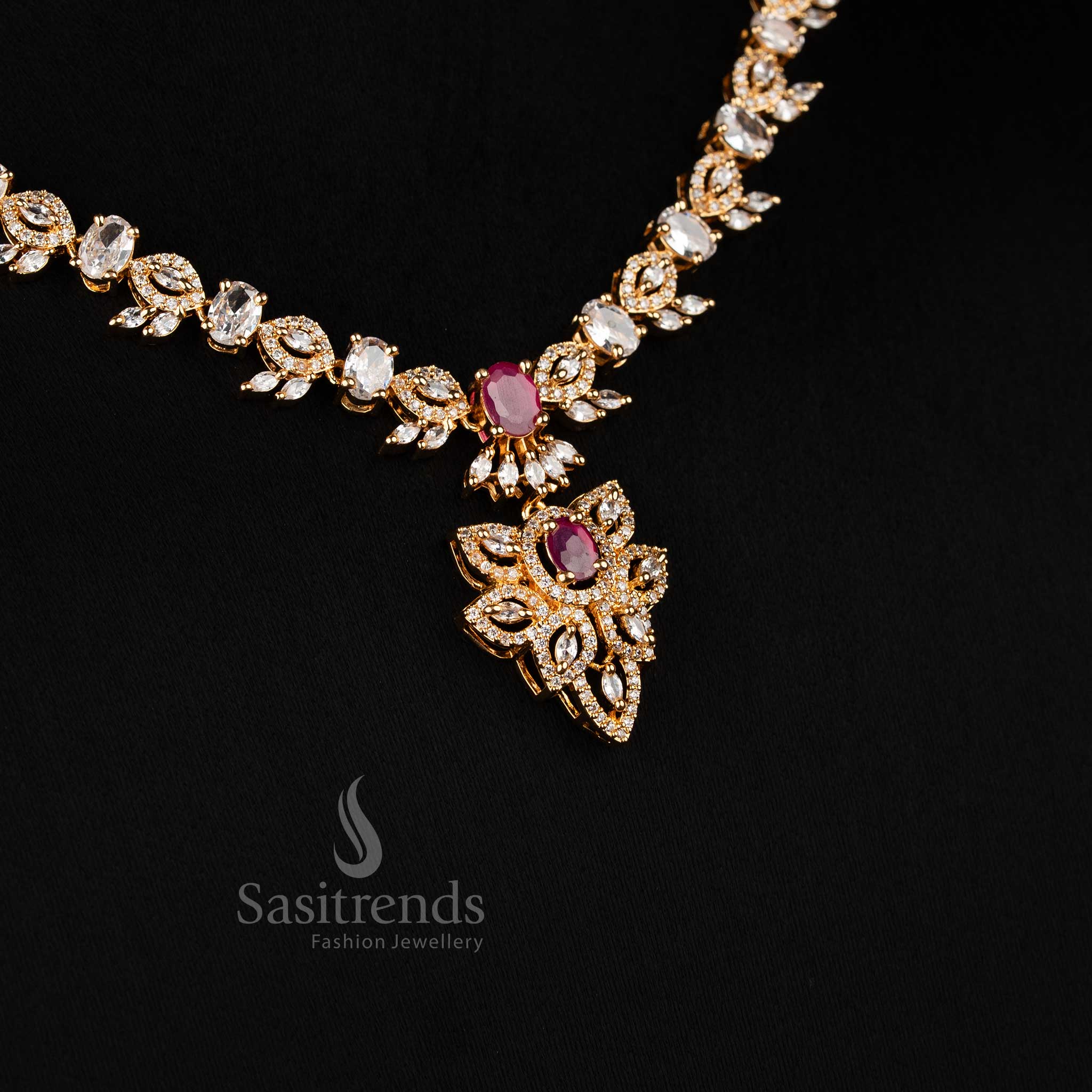 Grand white ruby floral leaf American diamond micro gold plated necklace set with oval accents, radiant jewellery styled like real gold for weddings and festive celebrations - Sasitrends