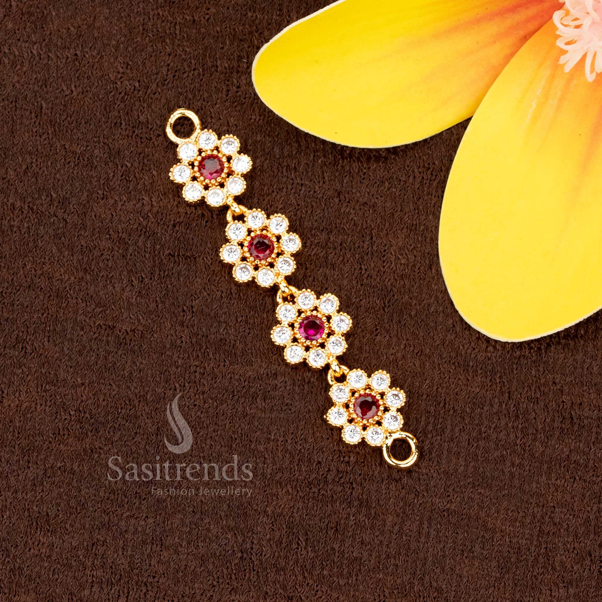 Radiant white-ruby micro gold plated Addigai pendant featuring Panchaloha and intricate floral Mugappu details, designed for elegant festive charm – Sasitrends